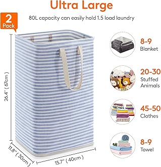 Lifewit 2 Pack 80L Collapsible Washing Laundry Basket Hamper, Dirty Clothes Basket Laundry Bin With Extended Handles For Storage Clothes Toys In Bedroom Bathroom, Blue