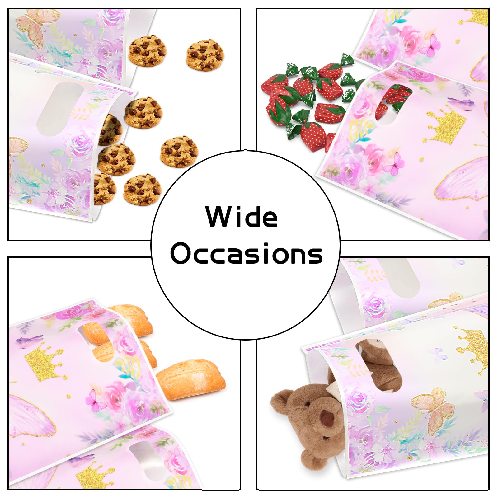 Infankey 50 PCS Butterfly Gift Bags Pink and Purple Butterflies Goodie Bags with gold Plastic Goodie Candy for Butterfly Theme Birthday Party Dessert Decors Party Supplies