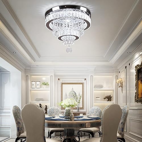 Miniatura 6 de Finktonglan Lámpara de Techo de Cristal de 16", Candelabros de Cristal Modernos con Control Remoto, Lámpara de Techo LED de 2 Anillos de Montaje al