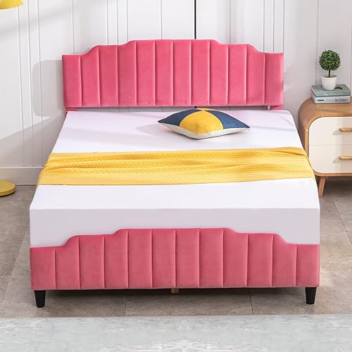 Miniatura 8 de Mjkone Marcos de cama de tamaño matrimonial para niños, plataforma de cama matrimonial tapizada en madera con soporte de listones, no necesita