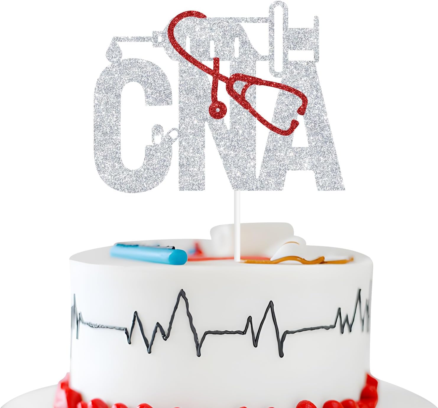 Red Glitter CNA Cake Topper – Class Of 2024 Graduation Party Decor, Officially CNA