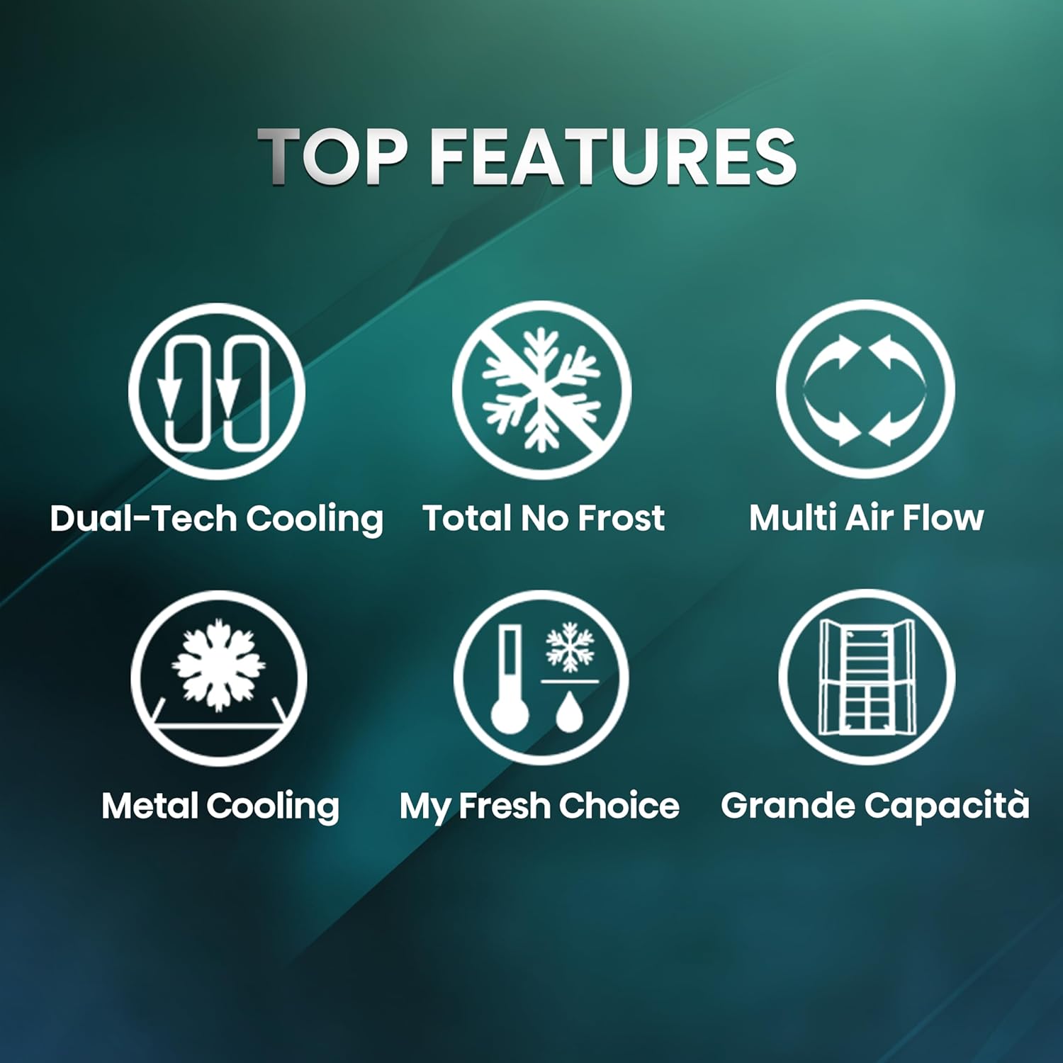 Icons representing key features: Dual-Tech Cooling, Total No Frost, Multi Air Flow, Metal Cooling, My Fresh Choice, Large Capacity