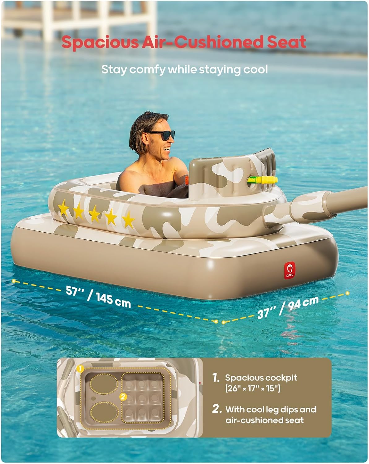QPAU Inflatable Tank Pool Float for Adults & Kids – Ride-On Camouflage Floaty with Water Cannon, Swim Raft Toy for Boys Girls, Lake Beach Backyard Party Floaties