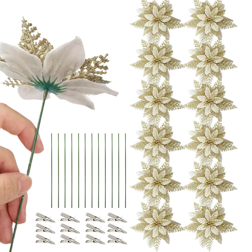 Avlnuwn Poinsettia Christmas Tree Decorations, 12 Pcs Glitter Artificial Flowers With Clips And Stems For Festive Decor