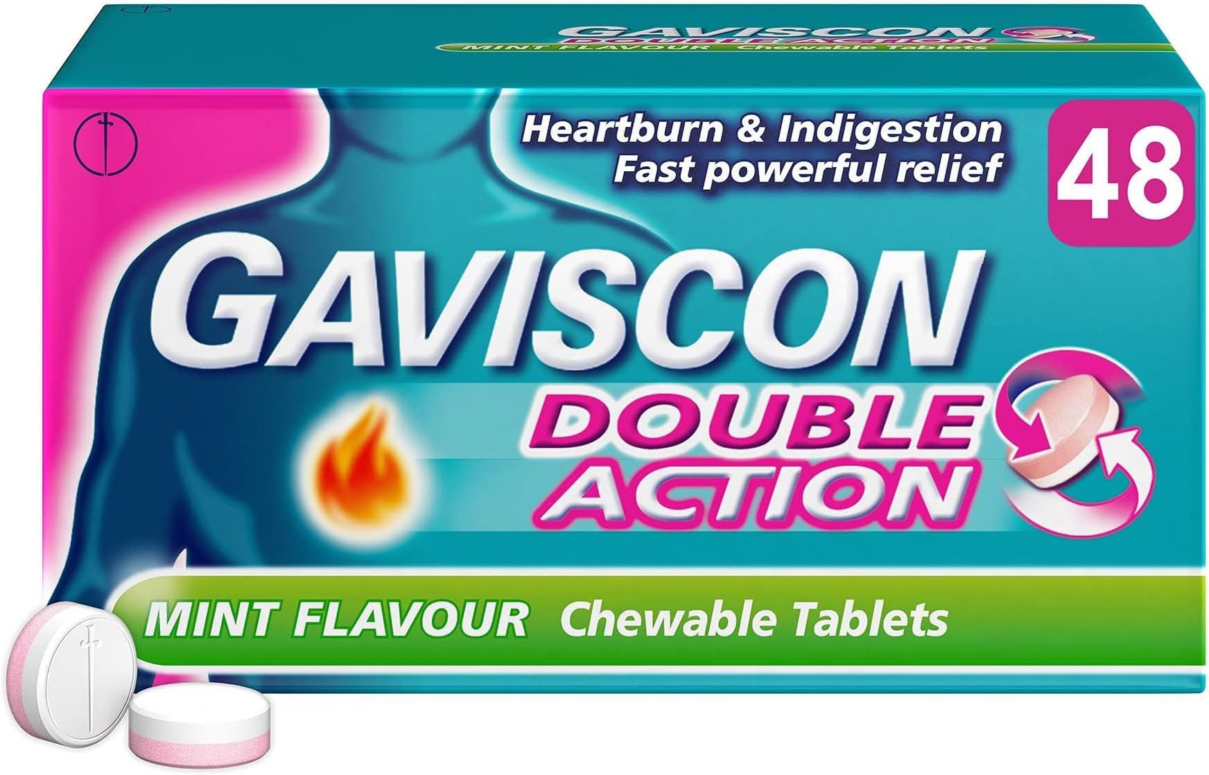 Double Action, Chewable tablets, Mint Flavour, flavour, 48 tablets, Heartburn & Indigestion, Fast powerful relief, Gets to work in minutes, Dual relief on the go, instant Relief