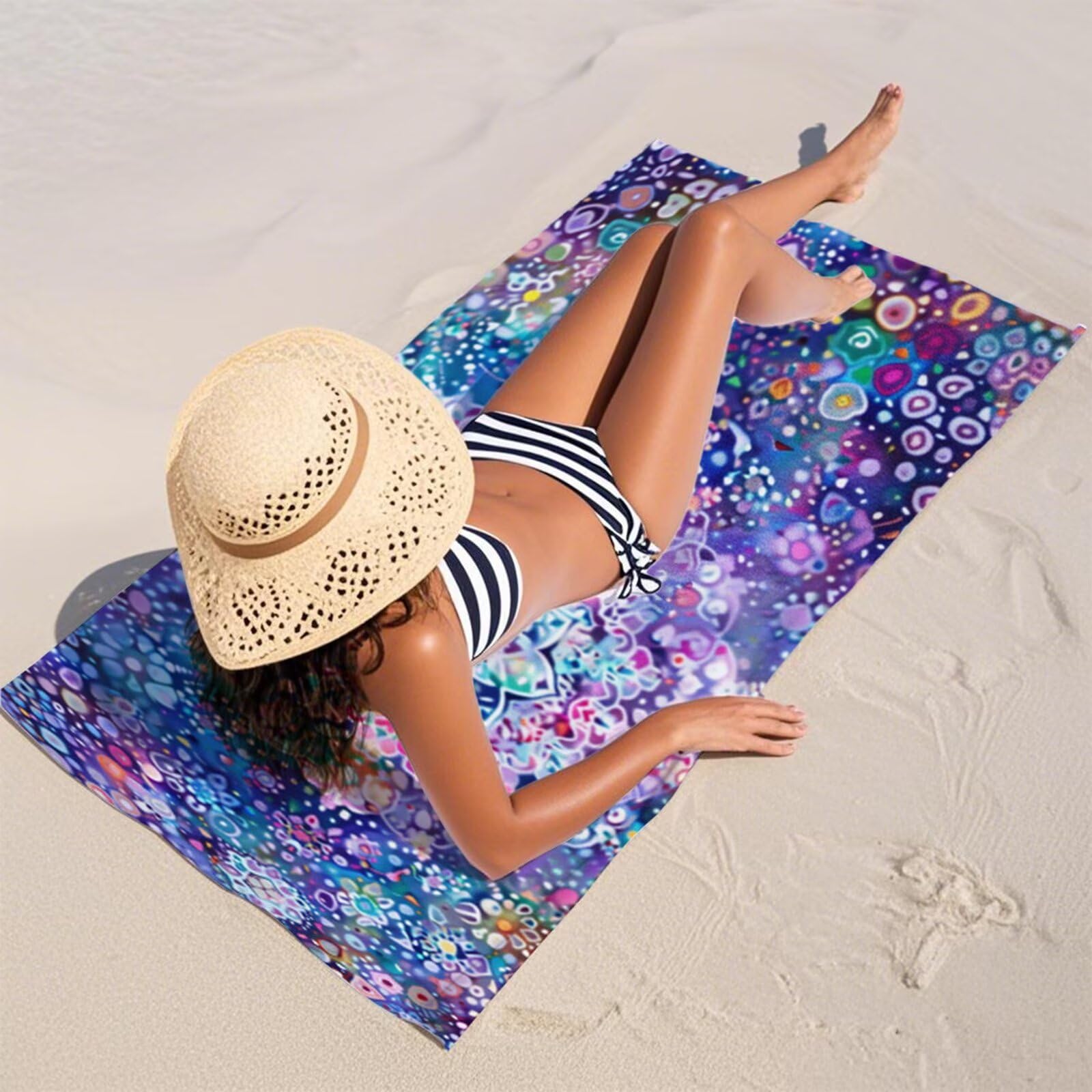 Ręcznik plażowy z mikrofibry 220 x 100 cm duży fioletowy ręcznik kąpielowy Mandala mata plażowa anty piasek, ręczniki sportowe, szybkoschnące, kompaktowe i lekkie, do sportu, podróży, sauny, basenu Y1