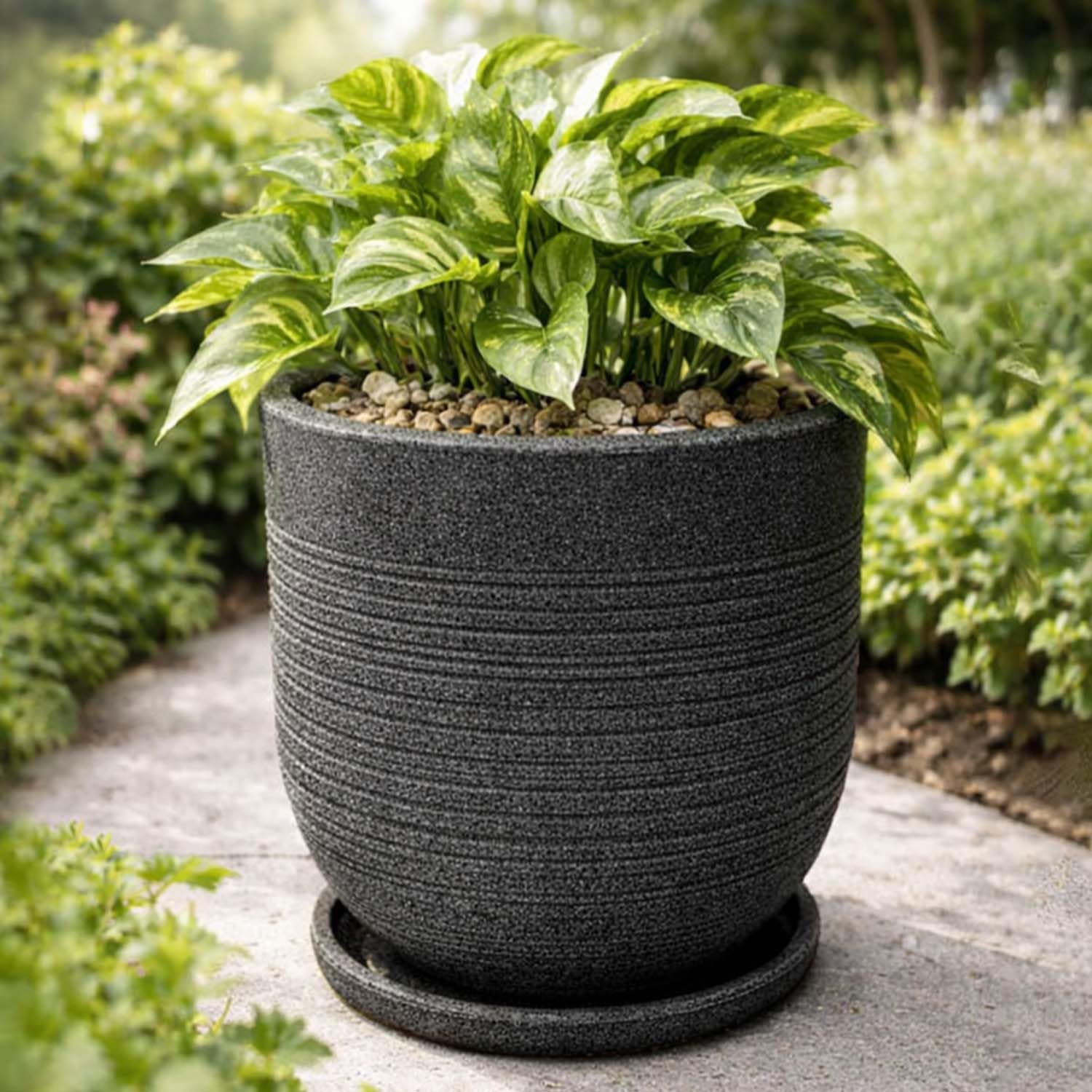 Amazon Brand - Umi Ripper Round Planter Pot with Tray (18Inch, Grey) | Heavy-Duty Polymer & Plastic Pot with Ribbed Finish | Large Decorative Flower Planter for Indoor Outdoor Garden & Balcony Décor-image-4