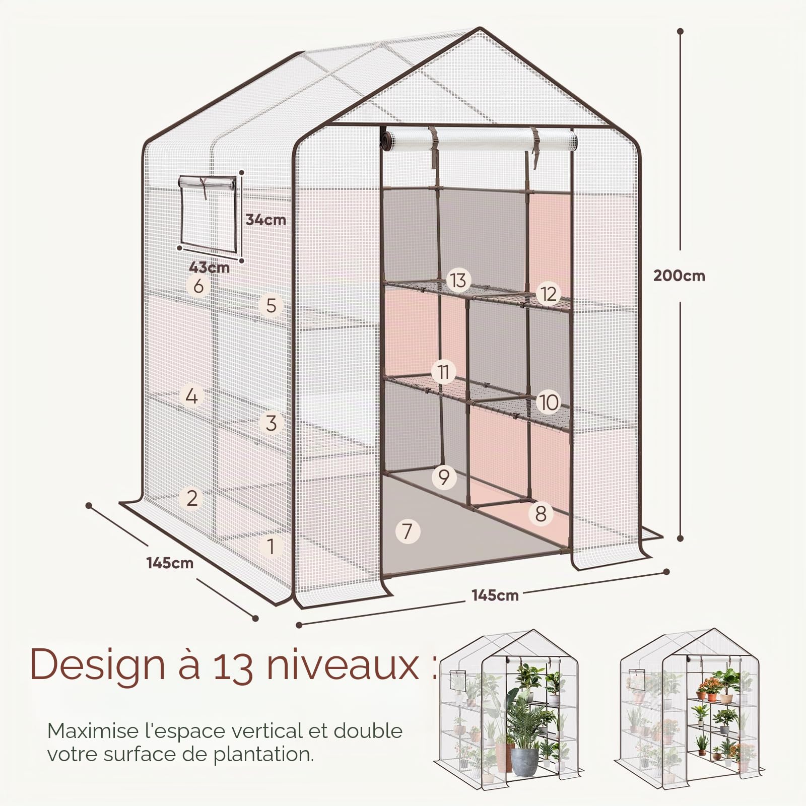Sekey Film de Serre XXL 200 x 145 x 145 cm - Serre de Culture de tomates avec 10 étagères - Serre de Jardin Stable avec Housse en polyéthylène - Résistant à l'hiver - Blanc