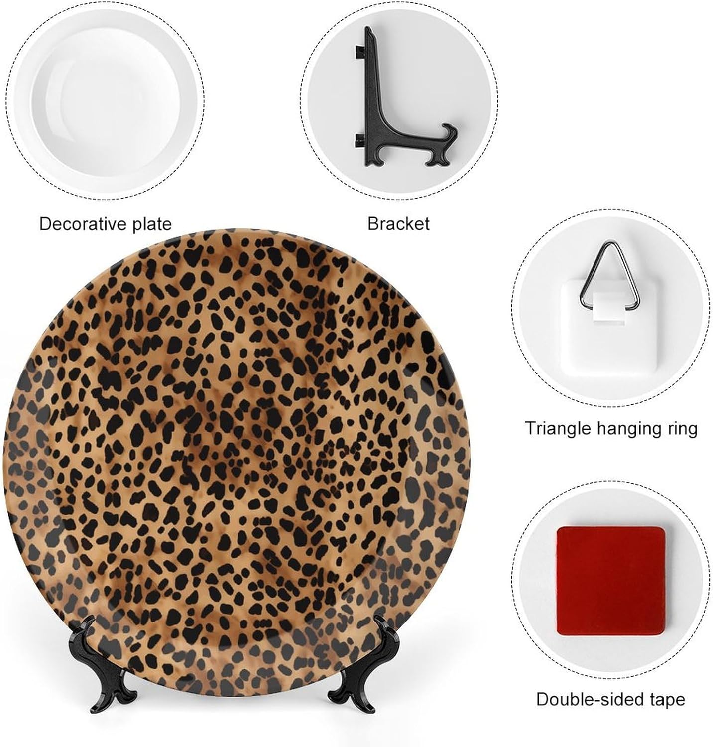 Leopard Patterned Wallpaper Bone China Decorative Plate with Display Stand, Ceramic Ornaments Plate for Wall Hanging, Personalized Porcelain Plates for Office, Living Room 10inch