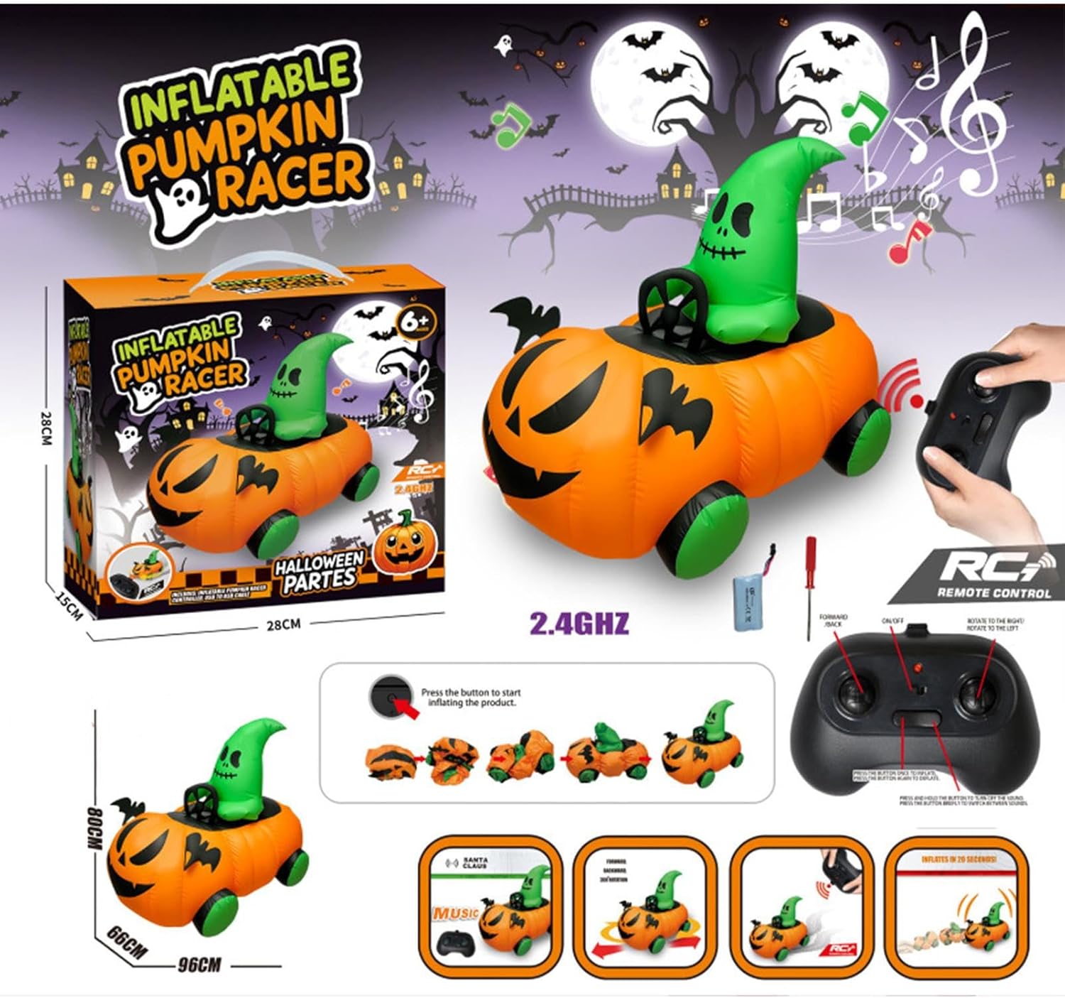 ハロウィン インフレータブル 装飾品,ハロウィン 電動 自動膨張 カボチャ カー 野外対応 | リモコン操作 おもちゃ フェアリーオ