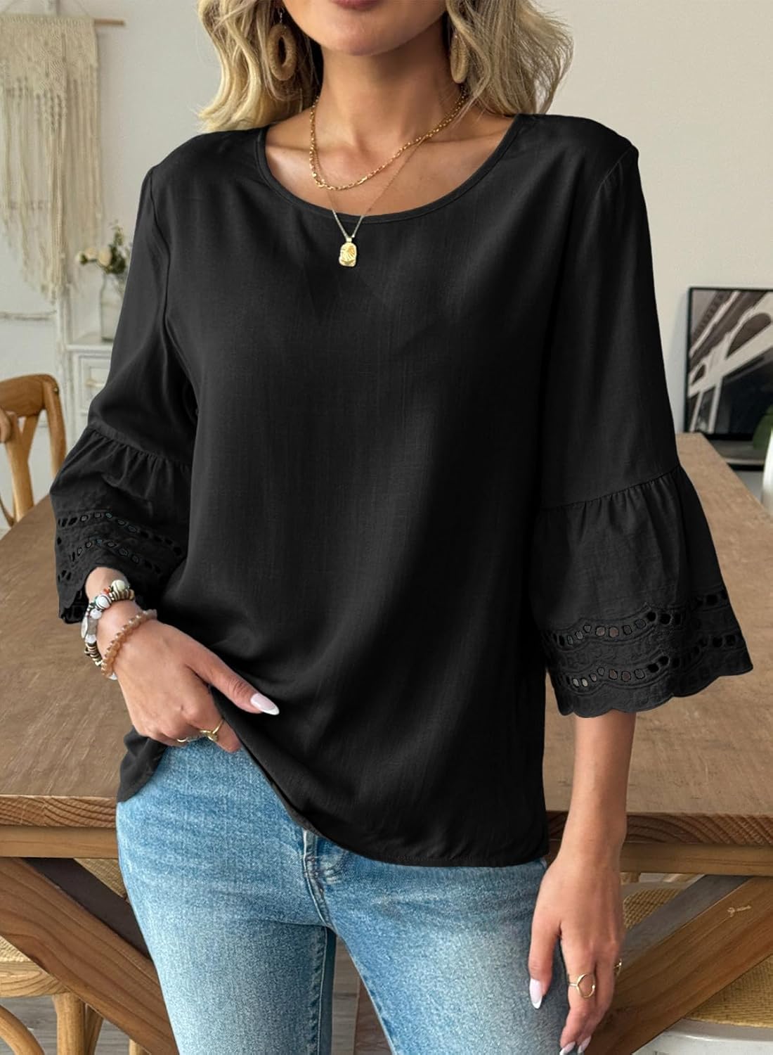 Dokotoo Womens 3/4 Bell Sleeve Hollow Out Ruffle Shirts Crewneck Trendy Casual Loose Fit Blouse Tops - Image 2