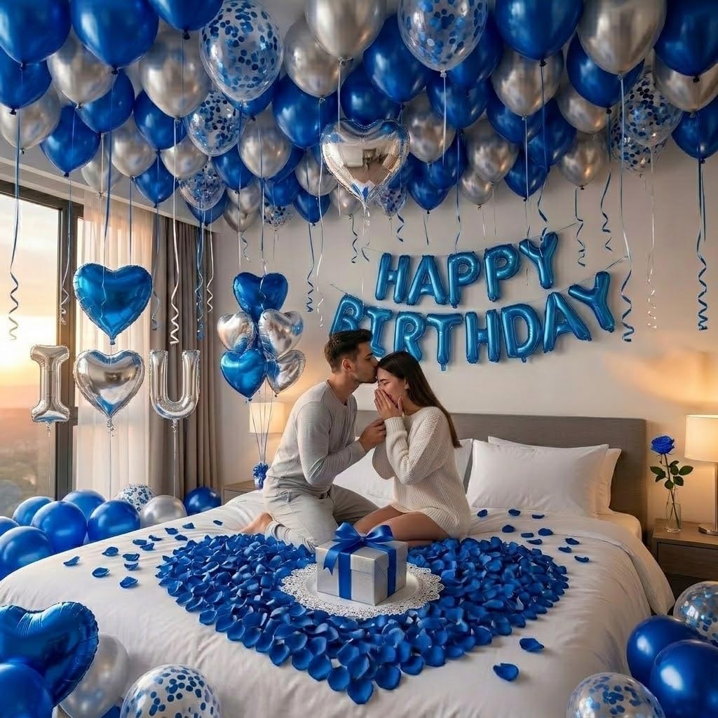 Romantic Birthday Decorations for Him I LOVE YOU & HAPPY BIRTHDAY Foil Balloons & Rose Petals,Blue Silver Special Night Decorations, Husband Anniversary Surprise,Bedroom,Men Boyfriend Hotel Decor