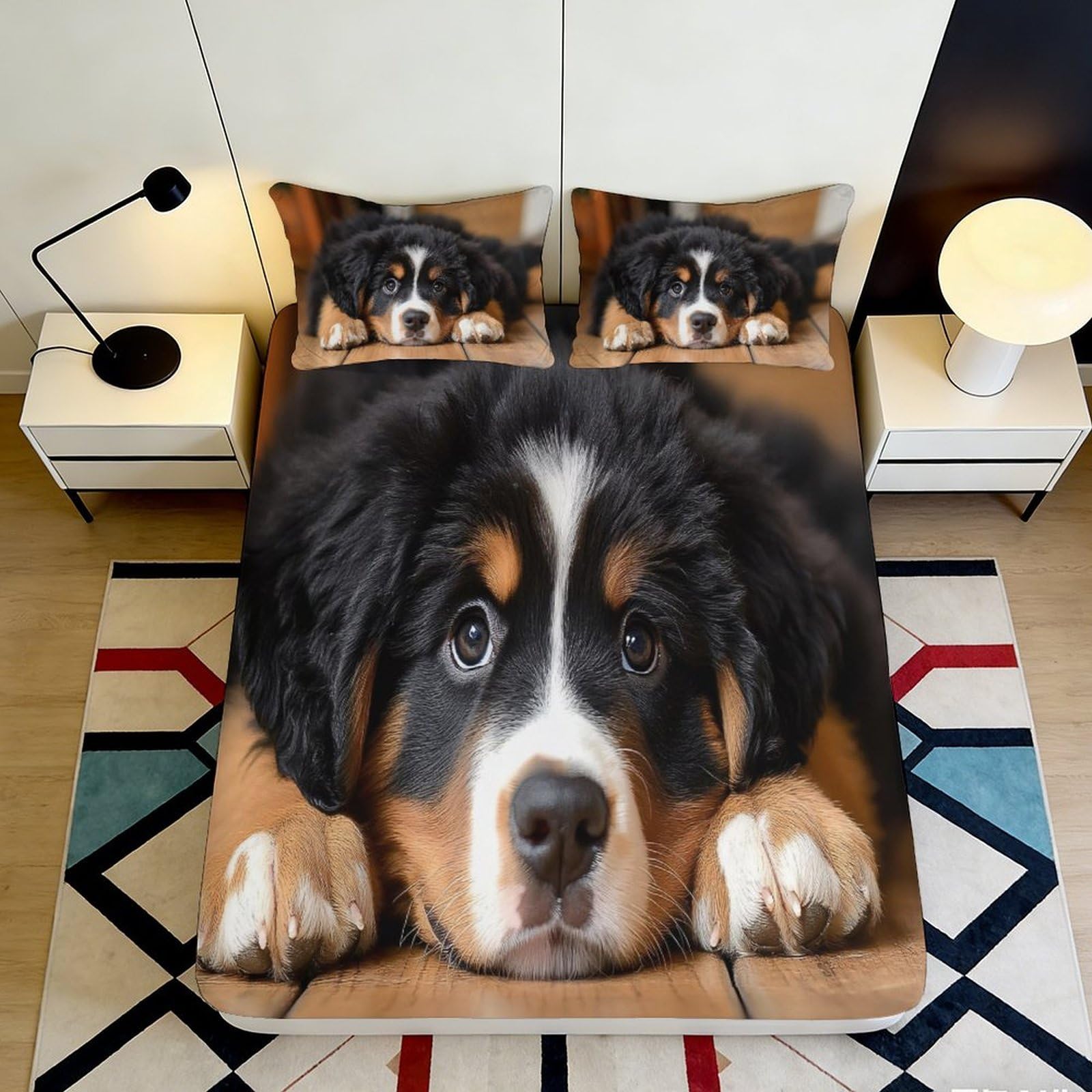 3D Printed Bernese Mountain Dog Fitted Sheet Microfiber Soft Breathable Puppy Pattern Bed Cover for Bedroom Decor Mattress Protection 200x200x25cm