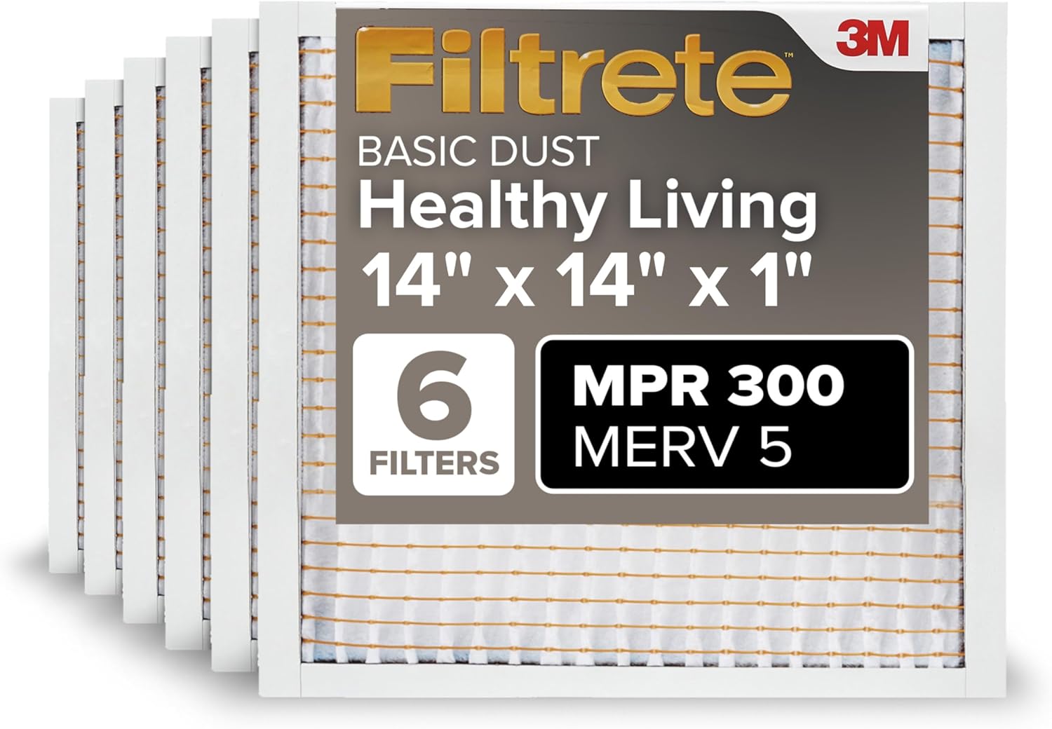 Filtrete 14x14x1 Air Filter, MPR 300, MERV 5, Clean Living Basic Dust 3-Month Pleated 1-Inch Air Filters, 6 Filters