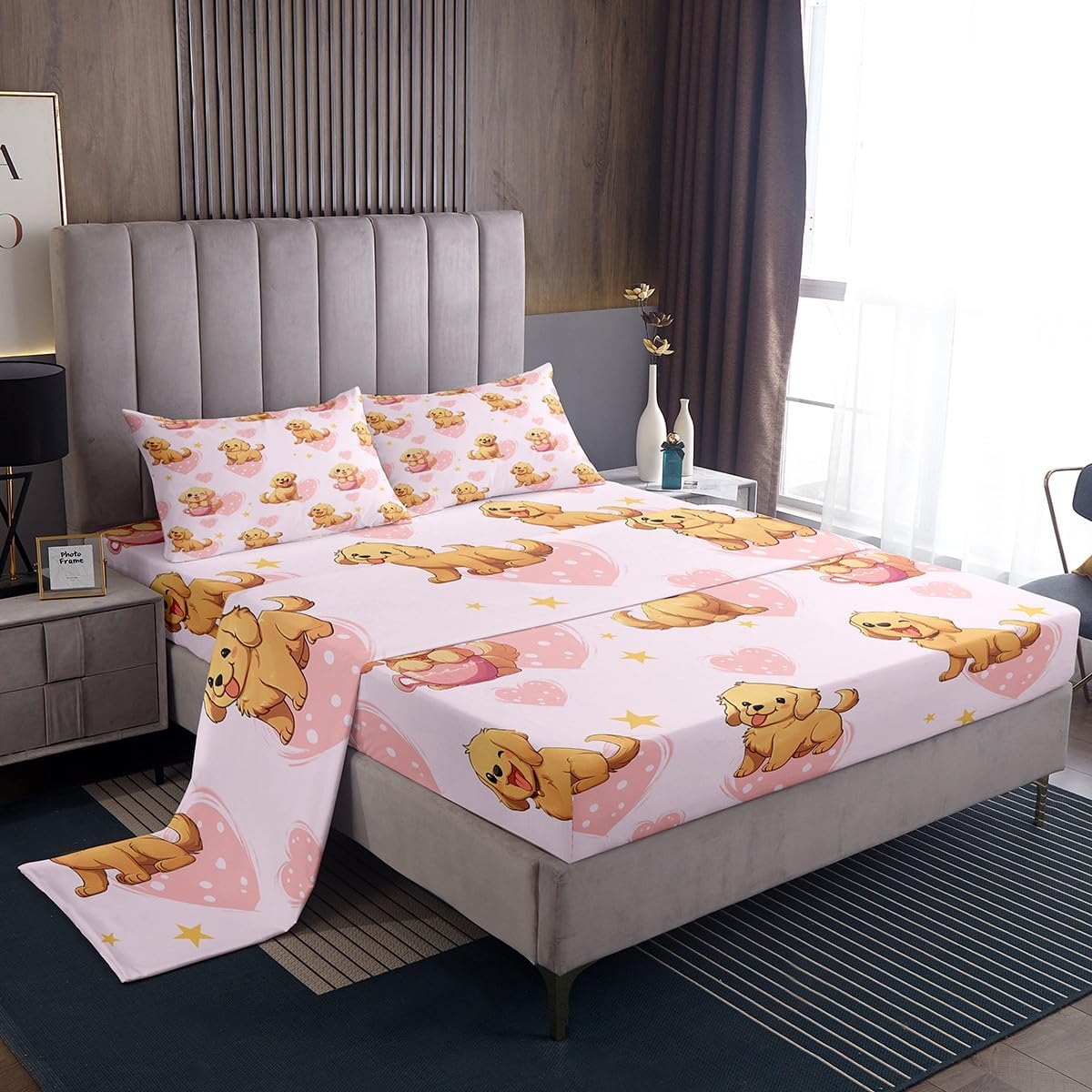Erosebridal Puppy Dog Bed Sheets Set Queen,Golden Retriever Sheet Set for Kids Boys Girls,Cartoon Dogs Sheets,Watercolor Pink Flat Fitted Sheet with 2 Pillowcases,Deep Pockets