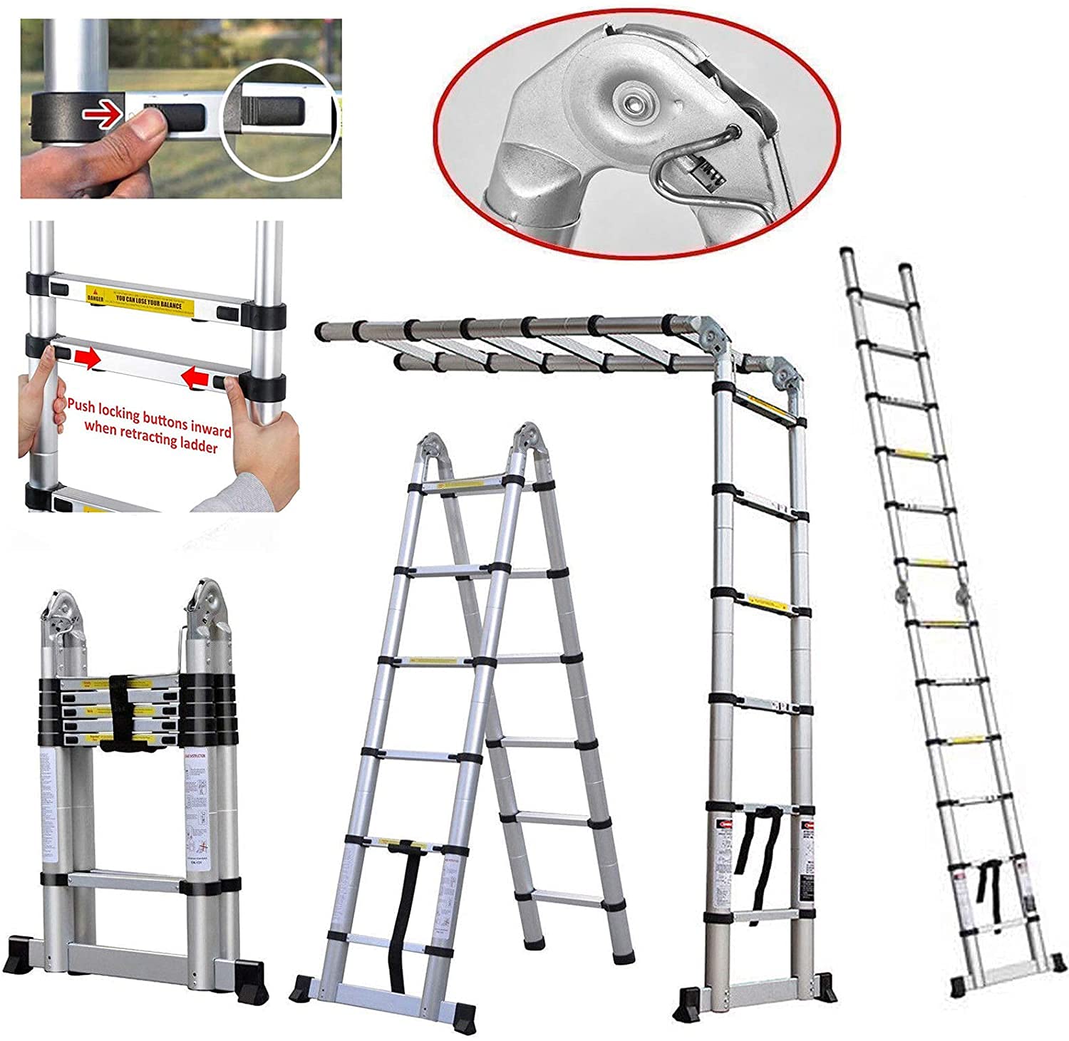 Uniwersalna drabina teleskopowa 3,8 m, ze stabilizatorem, wyciągana drabina 1,9 m + 1,9 m, składana drabina wysuwana, konstrukcja teleskopowa, obciążenie 150 kg