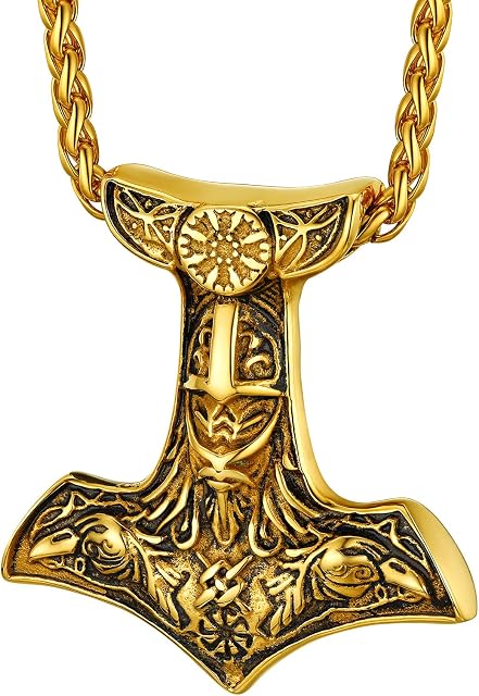 PROSTEEL Men Amulet Necklace-Thor's Hammer Pendant with Chain, 55+5CM Adjustable, Viking Jewelry -Stainless Steel/Gold Plated (Send Gift Box)