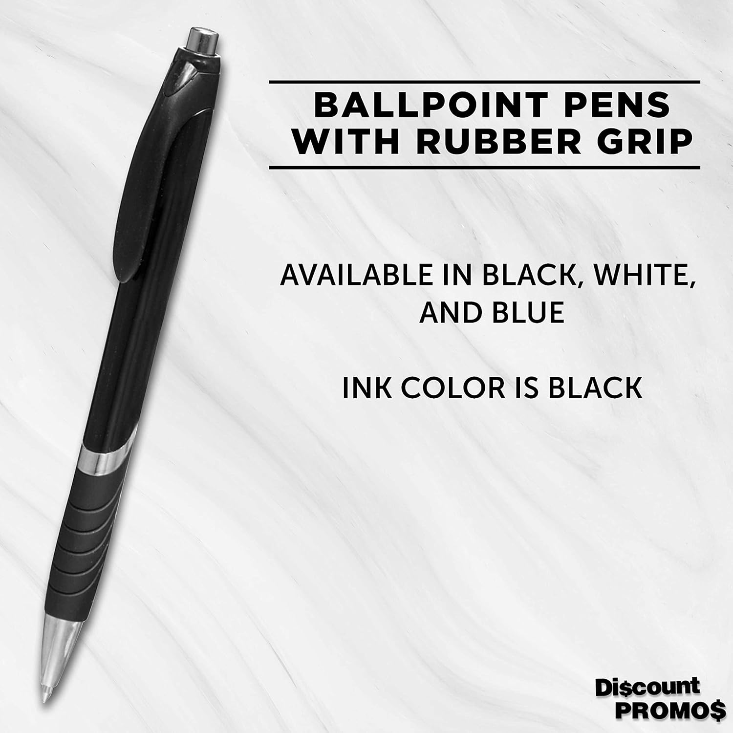 DISCOUNT PROMOS Ballpoint Pens With Rubber Grip - 10 pack - Black Ink Ball Point Pen with Soft Touch Plastic - Black