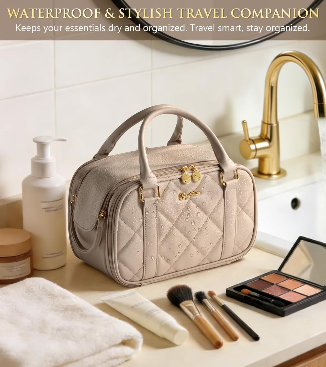 Travel Makeup Bag, Large Capacity Quilted Toiletry Bag for Women Stand-up Cosmetic Bag Open Flat Make Up Case Organizer Portable Pouch Purse w/Handle for Traveling Accessories, Blue - Image 5