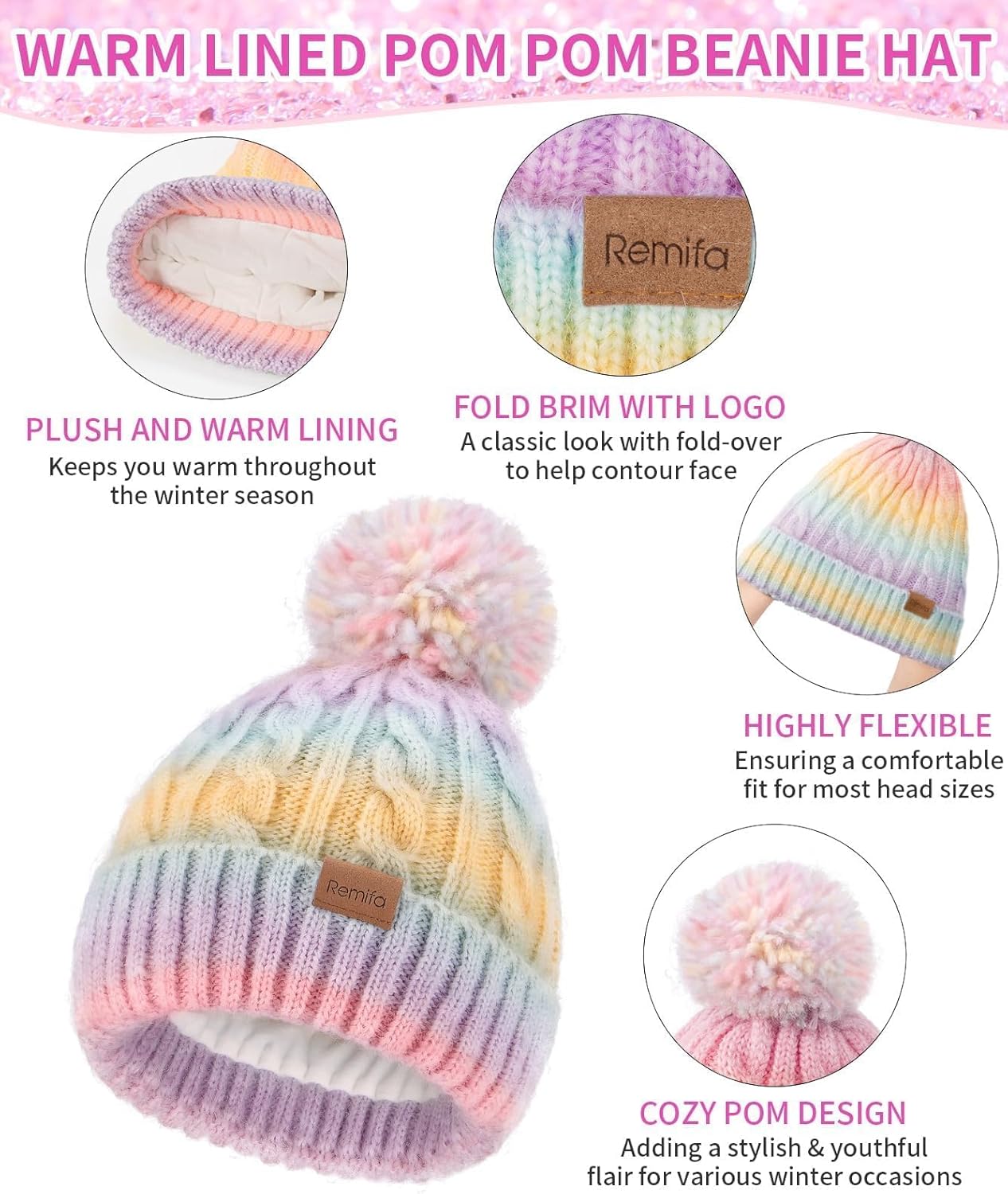 Remifa Kids Winter Hat Scarf Gloves Set, Girls Boys Toddler 8% Wool Warm Fleece Beanie Knit Neck Scarf Mittens Christmas Gift - Image 5