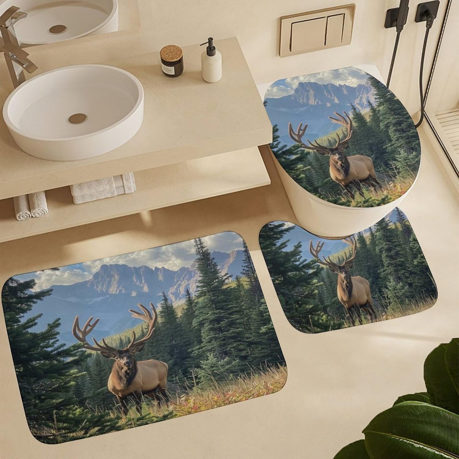4Pcs Retro Rustic Elk Shower Curtain Sets Bathroom Decor, Forest Animal Tree Plant Mountain Shower Curtain with Non Slip Rug, Toilet Lid Cover, Bath Mat and 12 Hooks 72W x 72L