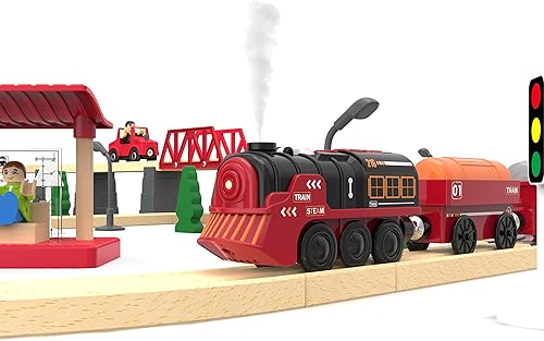 Miniatura 6 de Tren eléctrico de juguete para pistas de madera, juguetes de tren motorizado de Navidad para niños pequeños, tren a pilas incluye luces, sonidos,