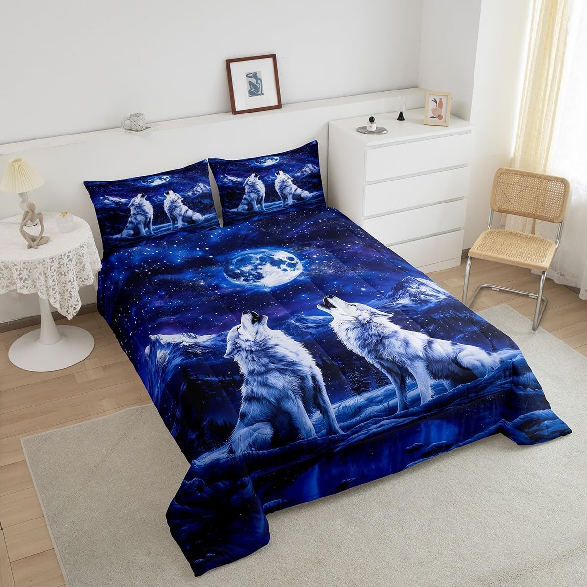Feelyou Wolf Comforter Set Twin Size Wolves Howling Comforter for Boys Girls Teens Animal Wolves Bedding Set Mountain Moon Wolf Duvet Set Room Royal Blue Decor Quilt Set