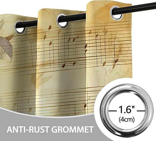 Miniatura 6 de 42" W x 63" L 2 Panel Grommet Room Darkening Window Curtain Drapes, Tan Window Drapes Decor, Retro Musical Note Plant Leaves Print Curtains for