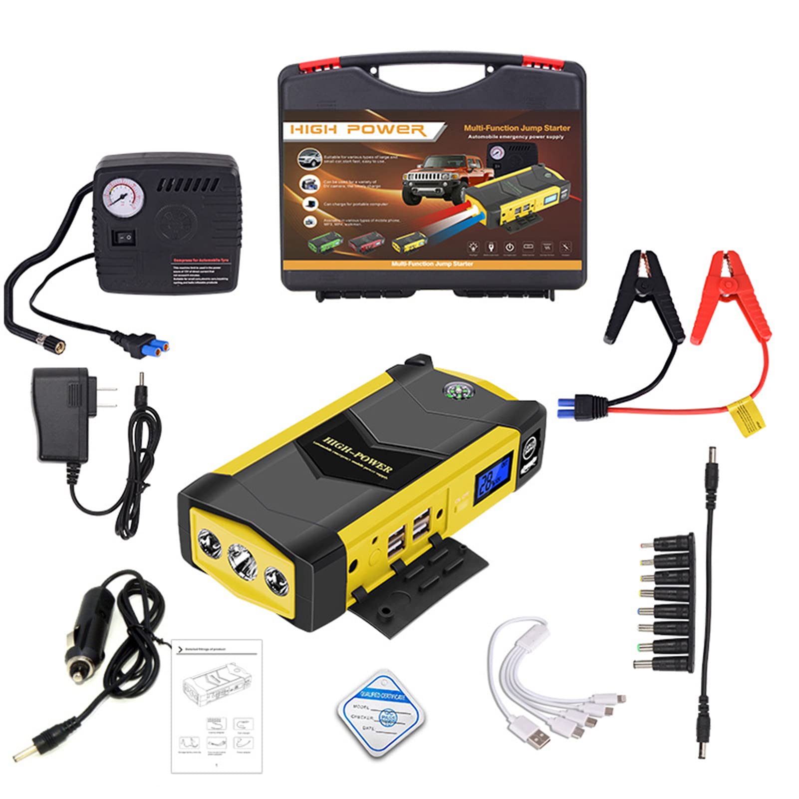 FAXIOAWA Arrancador de batería de Coche de 12V, Cargador de batería 1000A, Dispositivo de Arranque de Refuerzo de Coche para Banco de energía portátil de Emergencia, Amarillo