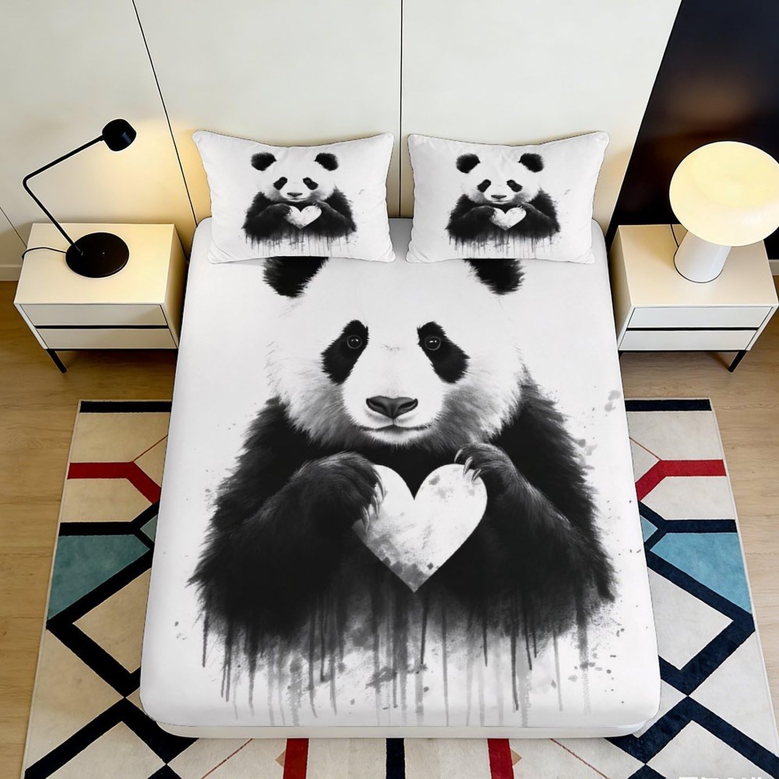 3D Printed Panda Heart Fitted Sheet Microfiber Soft Breathable Panda Face Mattress Cover for Bedroom Dorm Decor 90x200x25cm