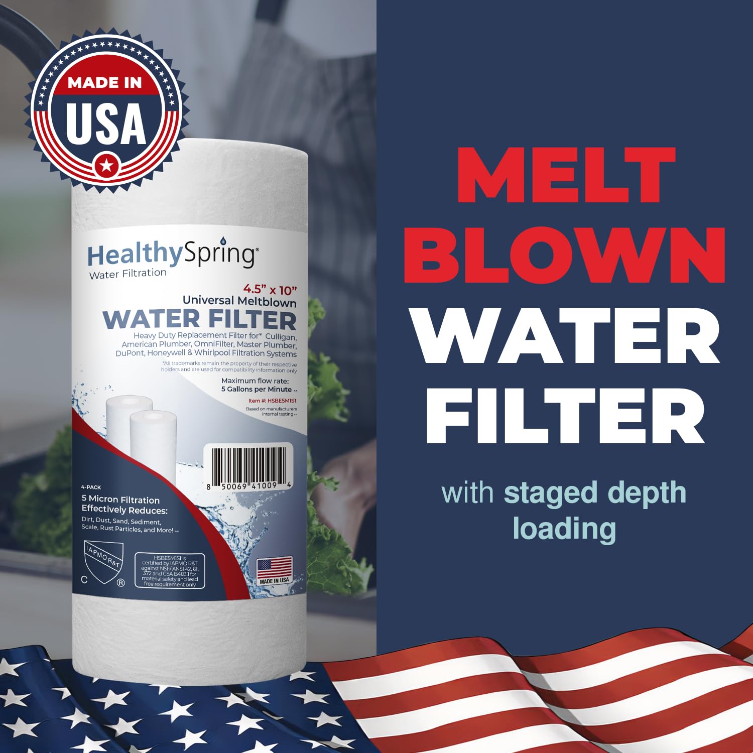 Healthy Spring 5 Micron 10 x 4.5 Well Water Sediment Filter Replacement Whole House Water Filter Cartridge Compatible with DGD-5005, WFHD13001B, Made in USA, 4-Pack