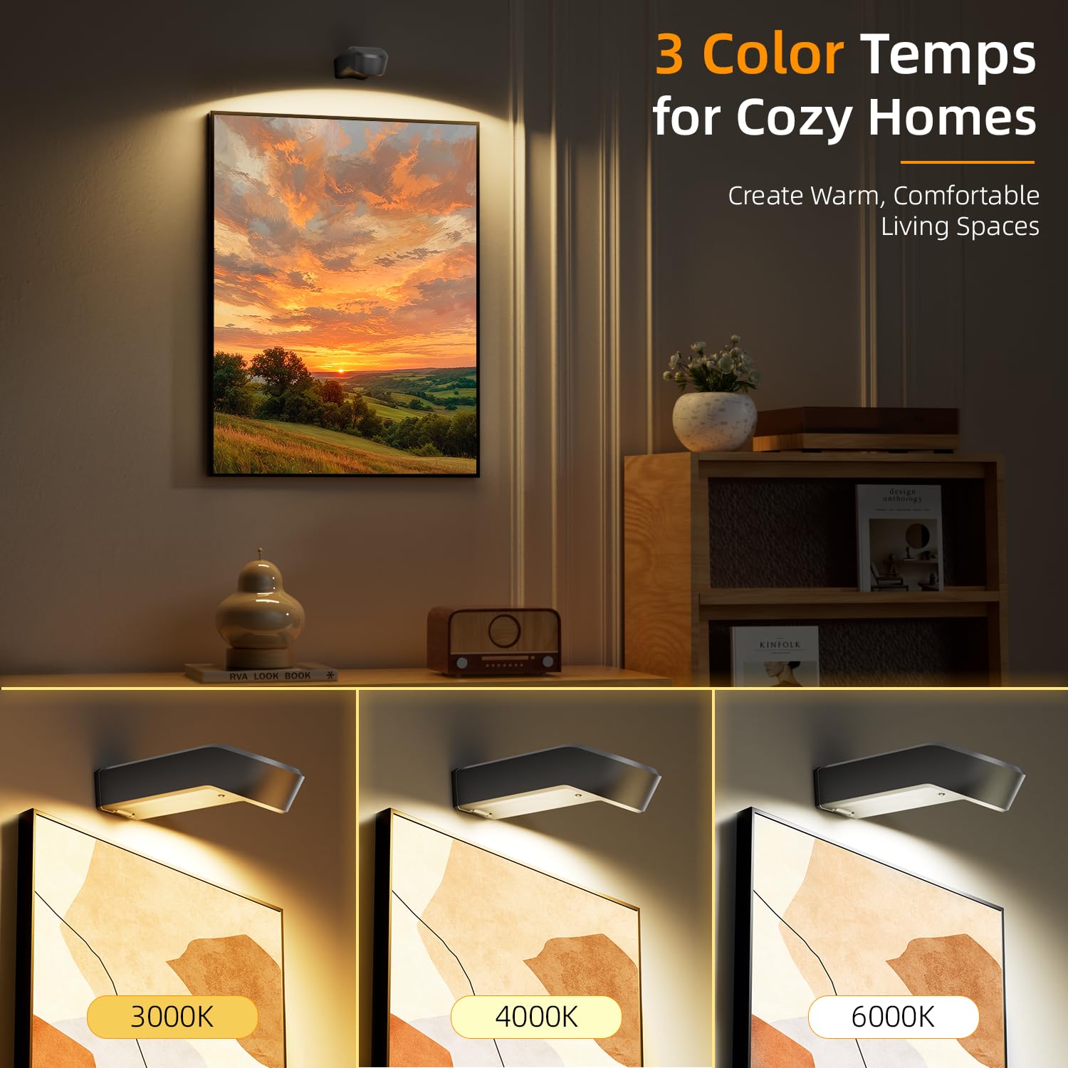AIFEI Lot de 3 lampes murales pour tableau mural, 4000 mAh, à piles rechargeables avec télécommande, intensité variable, 3 temps de couleur et 8 RVB, éclairage artistique sans fil pour peintures