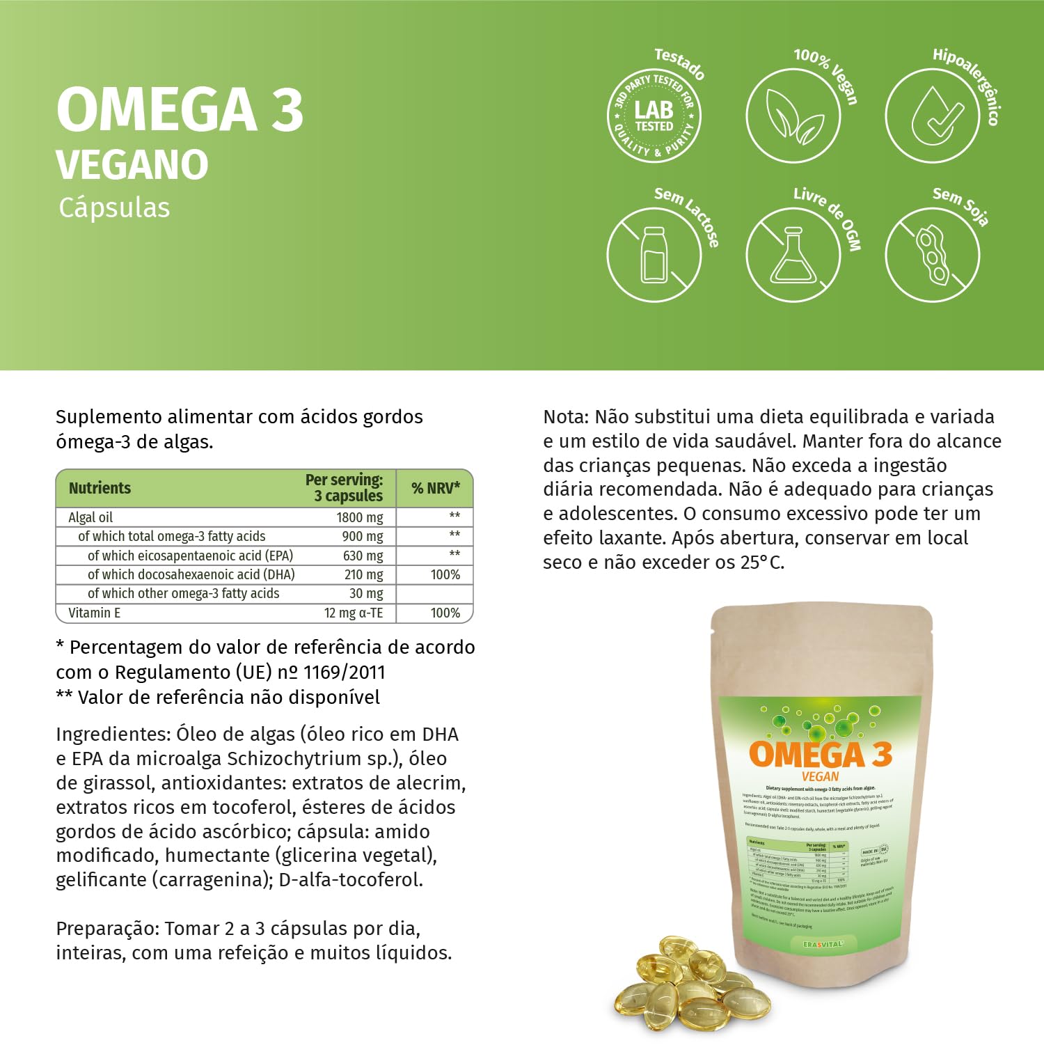 Omega 3 aus reines Algenöl Softgel Kapseln hochdosierte Fettsäuren 630 EPA und 210 DHA + Vitamin E pro Tagesdosis, Vegan (1080 stück (1er Pack))