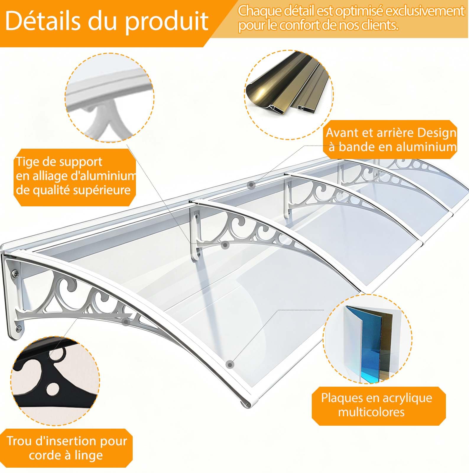 Auvent De Porte D'entrée Moderne，Toit Marquise en Polycarbonate Porte，Marquise De Porte Exterieur en Aluminium，Résistante Toit Abri Protection，avec Structure Abs，pour Terrasse, Balcon