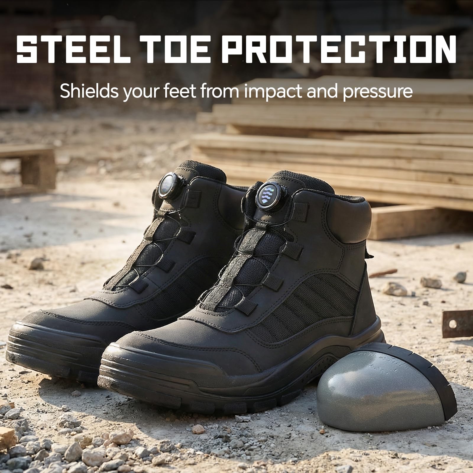ANGRYRAM Zapatillas de seguridad para hombres y mujeres, ligeras, indestructibles, con puntera de acero, antideslizantes, a prueba de pinchazos, botas de trabajo con hebilla giratoria
