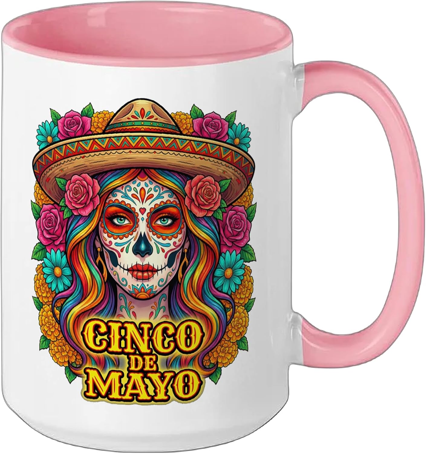 Colorful Cinco De Mayo Sugar Skull Woman Mexican Fiesta Ceramic Mug, Pink/White, 15oz image 2