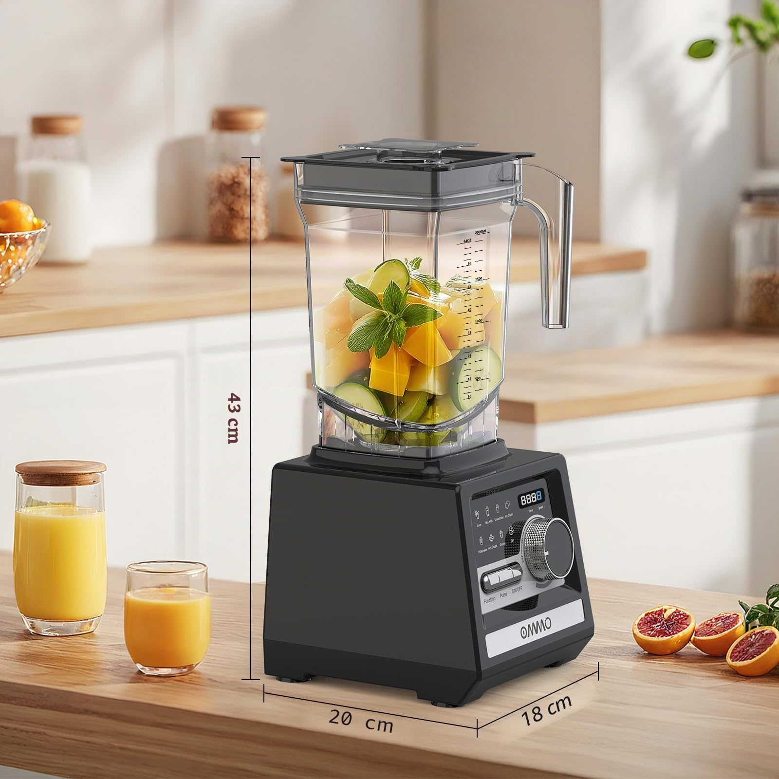 OMMO 2L Mixeur Blender Professionnel, 1800W Smoothie Mixer avec 9 Contrôles de Vitesse Pour la Glace Pilée, Shakes, Boissons Congelées et Fruits, Sans BPA