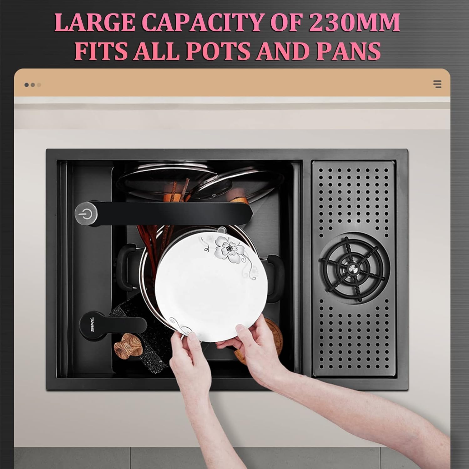 304 Stainless Steel Campervan Sink with Cover + Lifting Faucet for Kitchen Or Bar Counter - Durable and Stylish Option for Your Rv Or Outdoor Living Space,Black-55x32x23cm