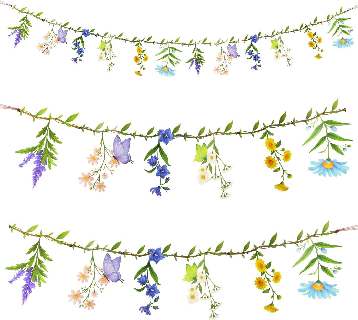 Spring Garland Wildflower Decorative Banner Spring Decoration for Hanging Double-Sided Pattern Butterfly Flower Garland for Girls Room Decoration Birthdays Garden Party Wedding