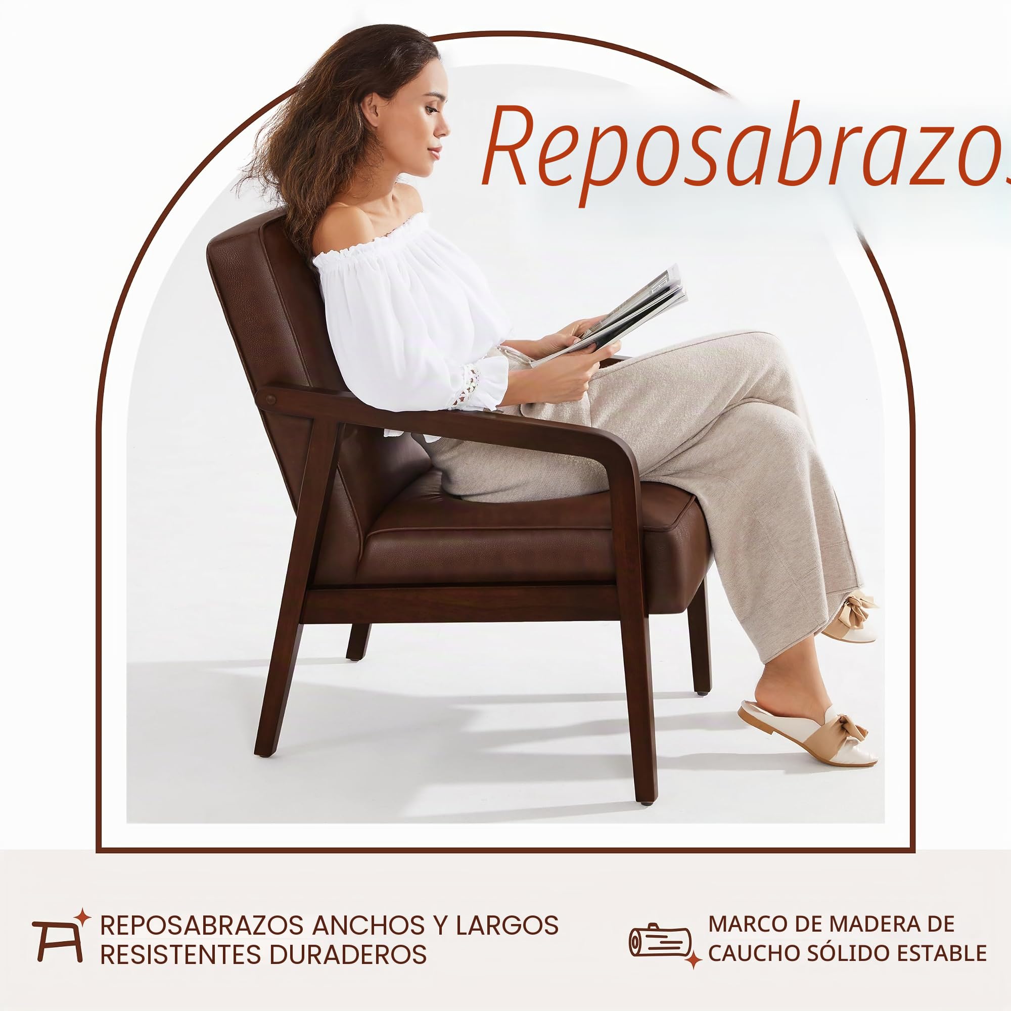 Yaheetech Sillón para Salón Piel Sintética con Pata de Madera Marrón Oscuro | Silla para Dormitorio con Reposabrazos, Sillón Relax, Capacidad de 136 kg, Fuerte Marco de Madera de Caucho