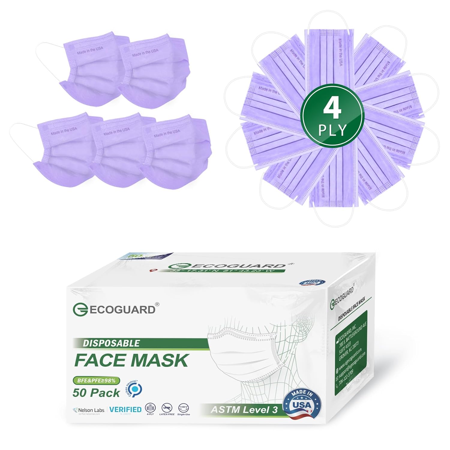 EG EcoGuard Adult Face Masks Disposable Made in USA, 4 Ply Purple Face