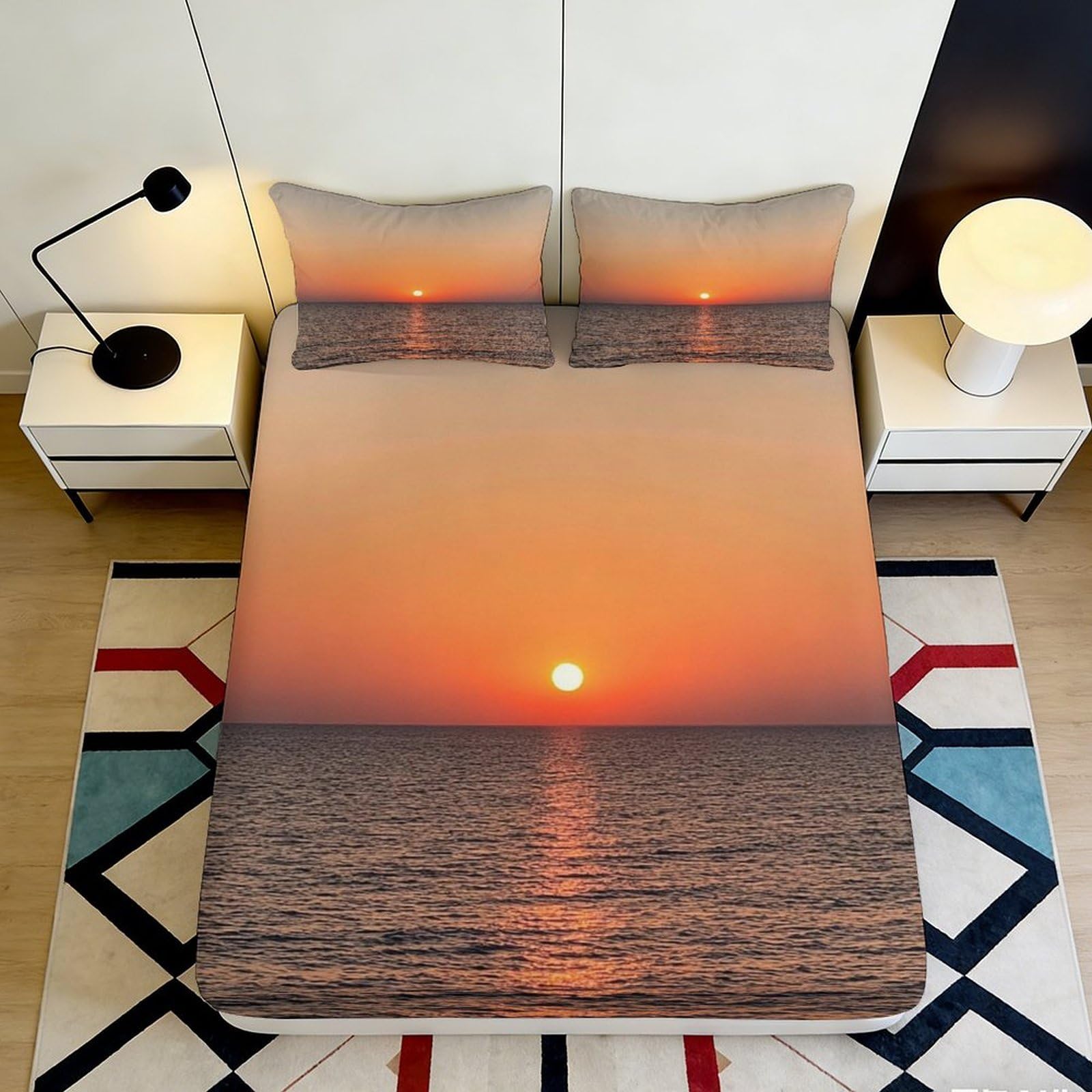 3D Printed Sunset Ocean Fitted Sheet Microfiber Soft Orange Gradient Sunrise Bed Sheet for Bedroom Guestroom Mattress Protection Decor 90x200x25cm
