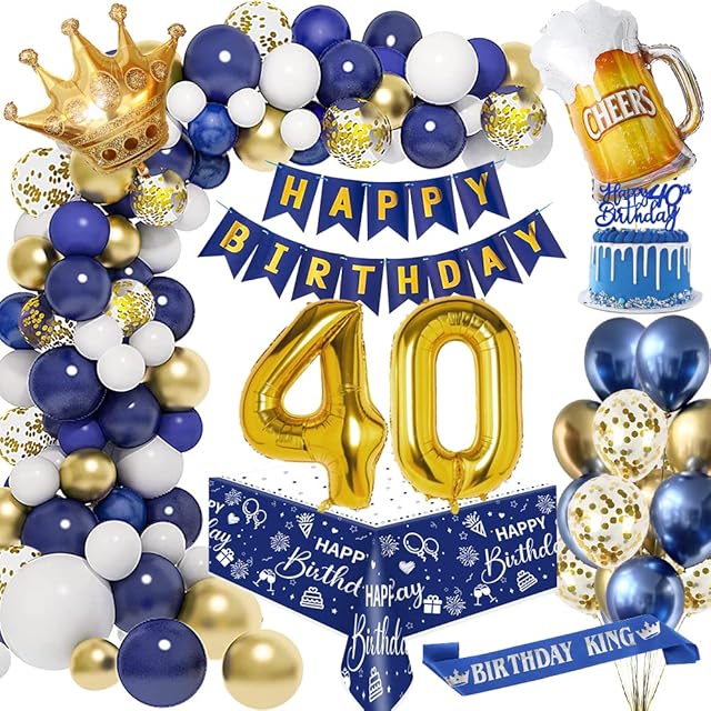 40th Birthday Decorations Men, Blue Gold Party Decorations with 40 Foil Balloon, Happy Birthday Banner, Tablecloth, Birthday Sash, Navy Blue Gold Silver Birthday Balloons for 40th Birthday Decoration