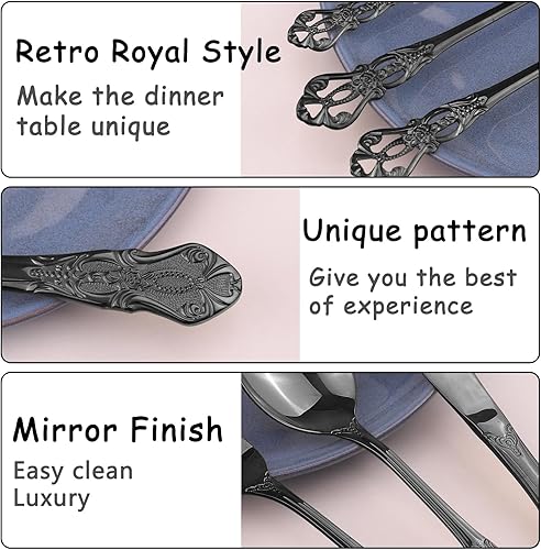 Miniatura 10 de Juego de cubiertos retro dorado real con caja de regalo para 8 cubiertos, cubiertos de acero inoxidable, 40 piezas, juego de vajilla de cocina para