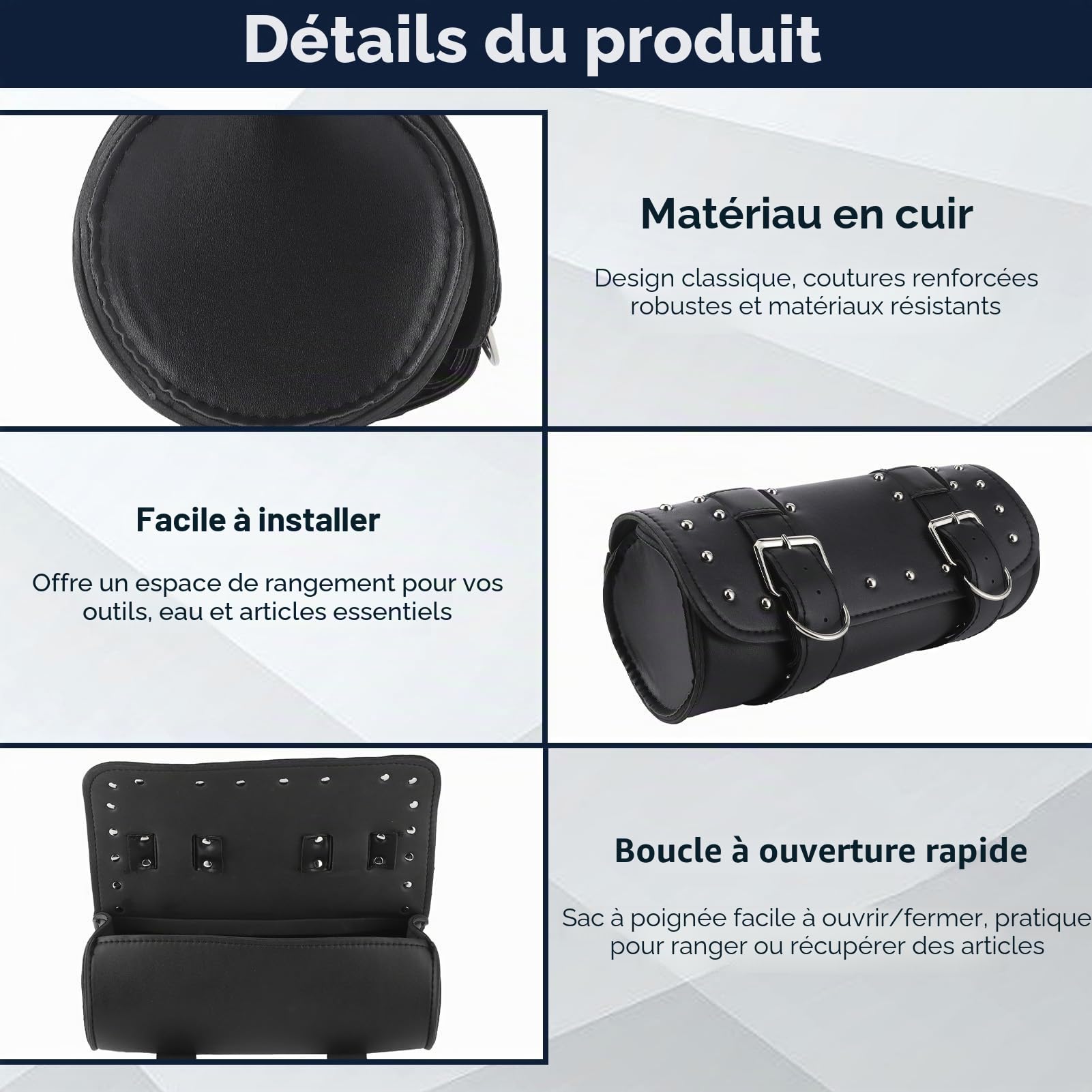 13x31cm/5.1x12,2 Pouces Sac de Fourche de Moto, Cuir PU Sac à Outils Universel pour Moto Sacoche de Moto Sac à Bagages en Rouleau pour Moto Pochette à Outils étanche pour Moteur (Noir)