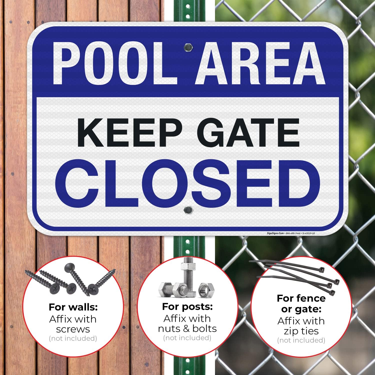 Pool Area Keep Gate Closed Pool Sign, 12x18 Inches, 3M EGP Reflective 0.63 Aluminum, Fade Resistant, Easy Mounting, Indoor/Outdoor Use, Made in USA
