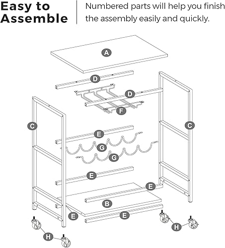 Miniatura 9 de VASAGLE Carrito de bar, carrito de servir con ruedas, estante de copas de vidrio y soportes para botellas de vino, 15.7 x 23.6 x 32.3 pulgadas,