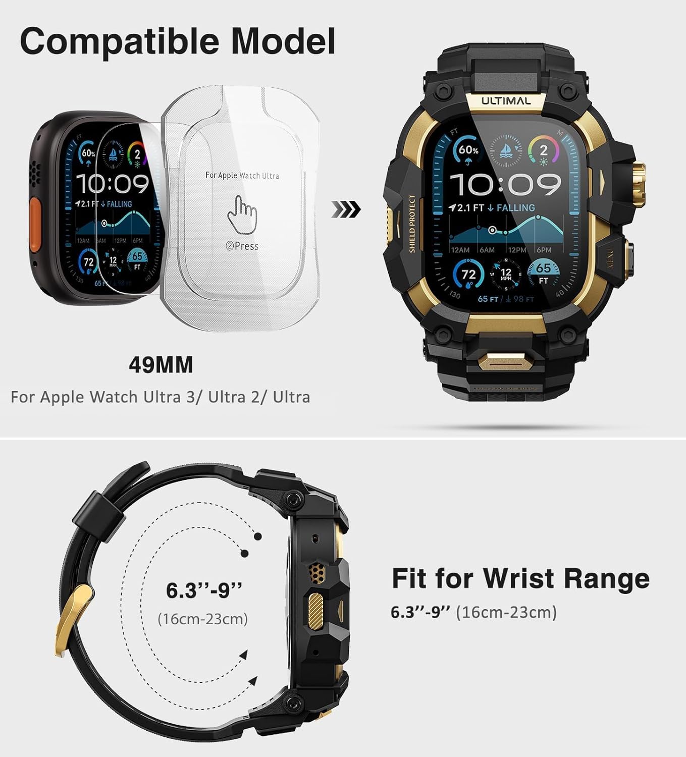 ULTIMAL Rugged Case with Band for Apple Watch 49mm,Compatible with Apple Watch Ultra 3/2/1, Military Grade Shockproof Bumper Cover for iWatch Tactical Band Men (49mm,Gold) - Image 2