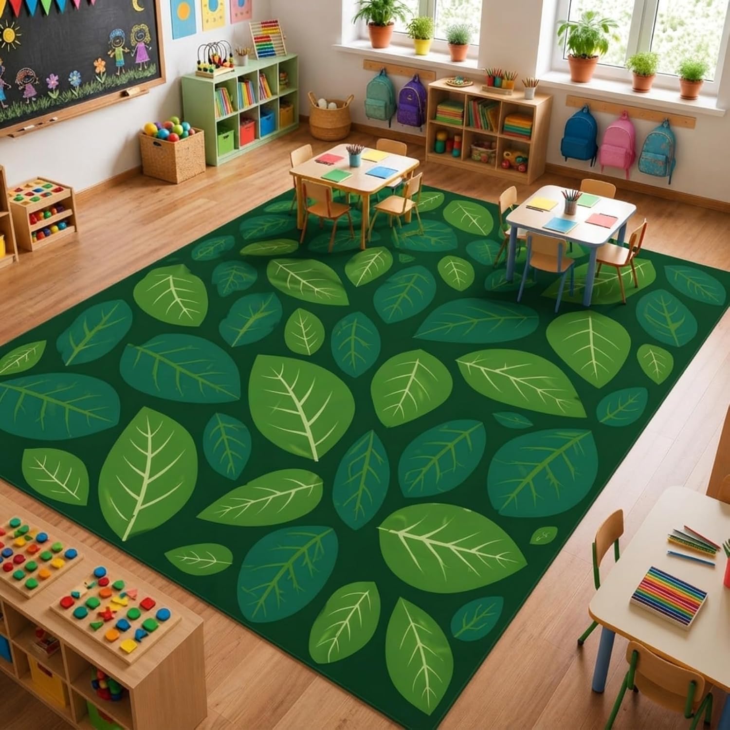 Frienda 13 x7.5 ft Large Classroom Rug for Back to School Decor Green Leaves Rug Non Slip Carpet Soft Nylon Learning Rugs for Reading Corner Circle Time School Classroom Decor