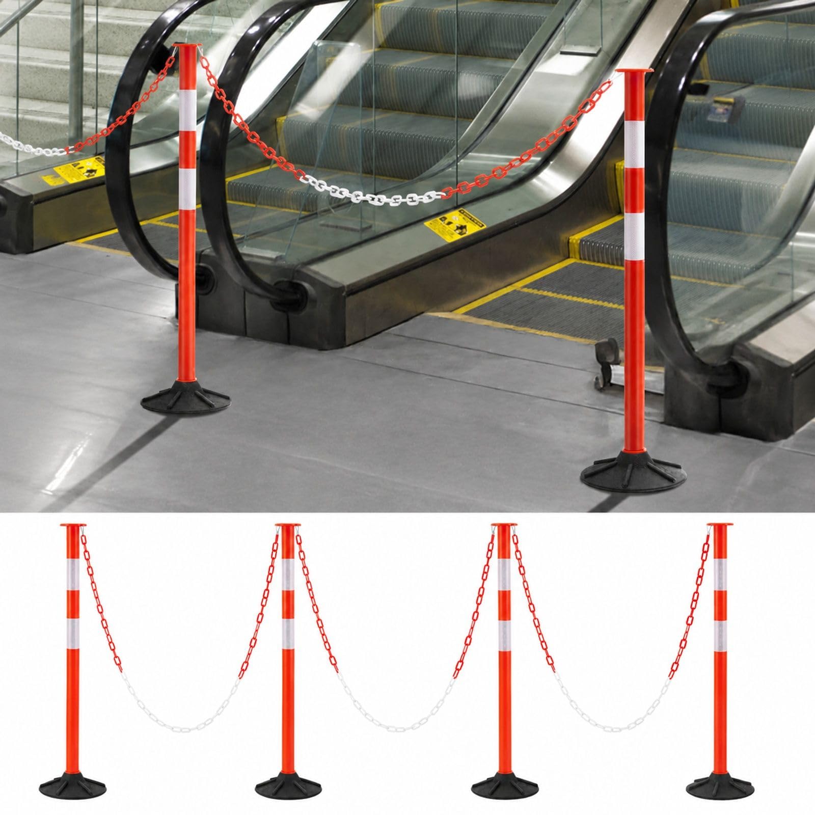 4 poteaux de signalisation Rouges avec Base lestée, Bandes réfléchissantes et chaîne, pour Chantier et Parking